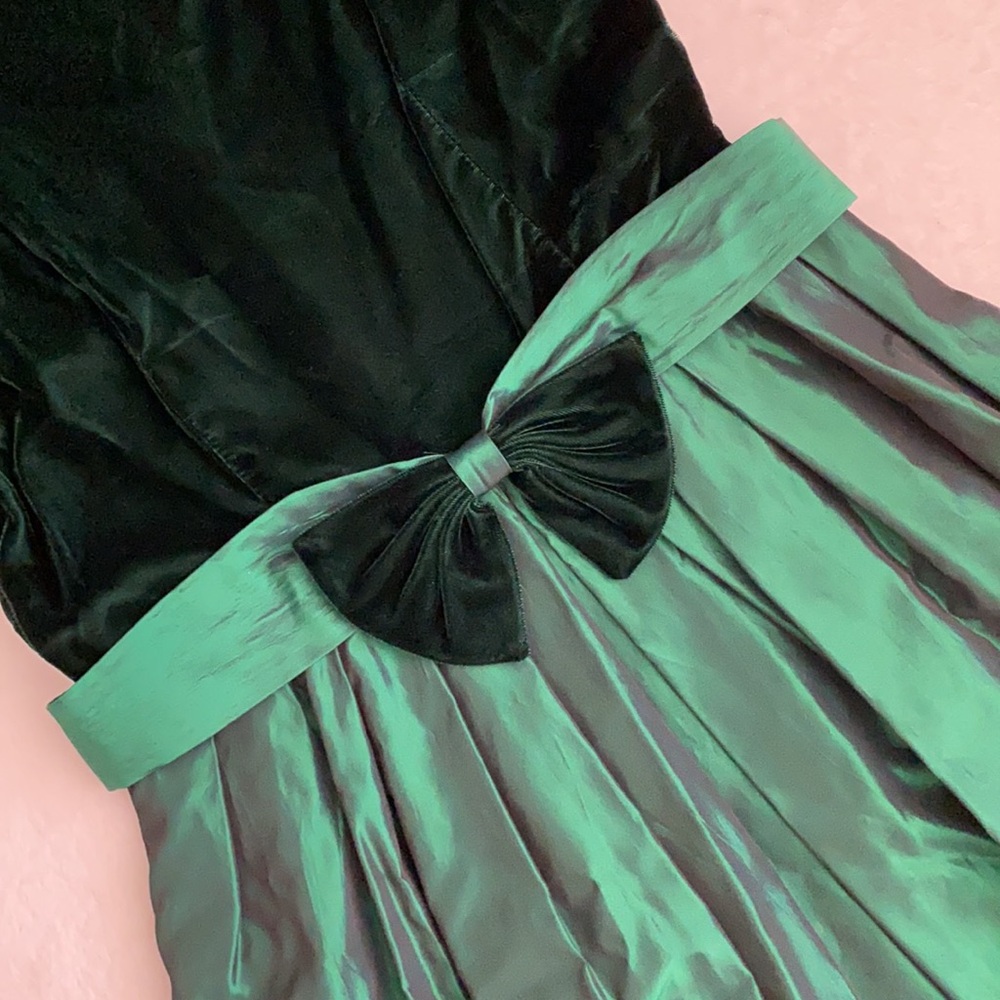 {VTG} Lanz Originals | Velvet Satin Bow Belt Long Sleeve Midi Dress Emerald (8) - Picture 5 of 16